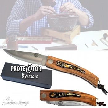 Navaja Damasquinada Madera Olivo